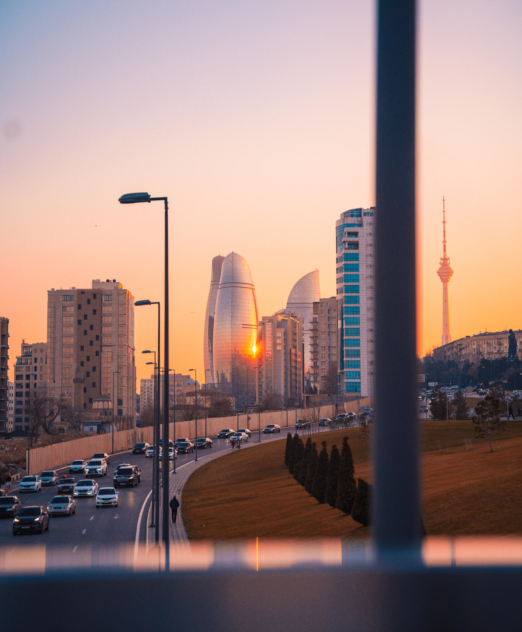 Baku Azerjaijan at sunset seen from highway, from Azerbaijan Ad Agency
